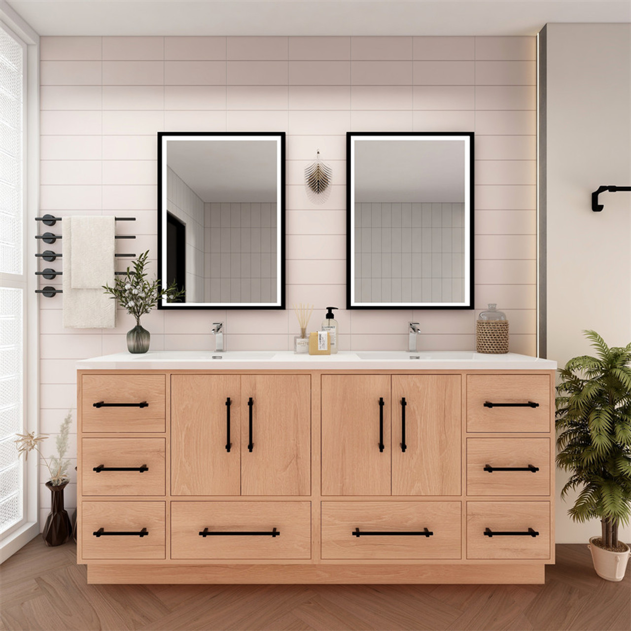 Victoria 72" Inch Double Sink Freestanding Solid Wood Vanity in Red Oak | Moreno Bath Solid Wood Vanities