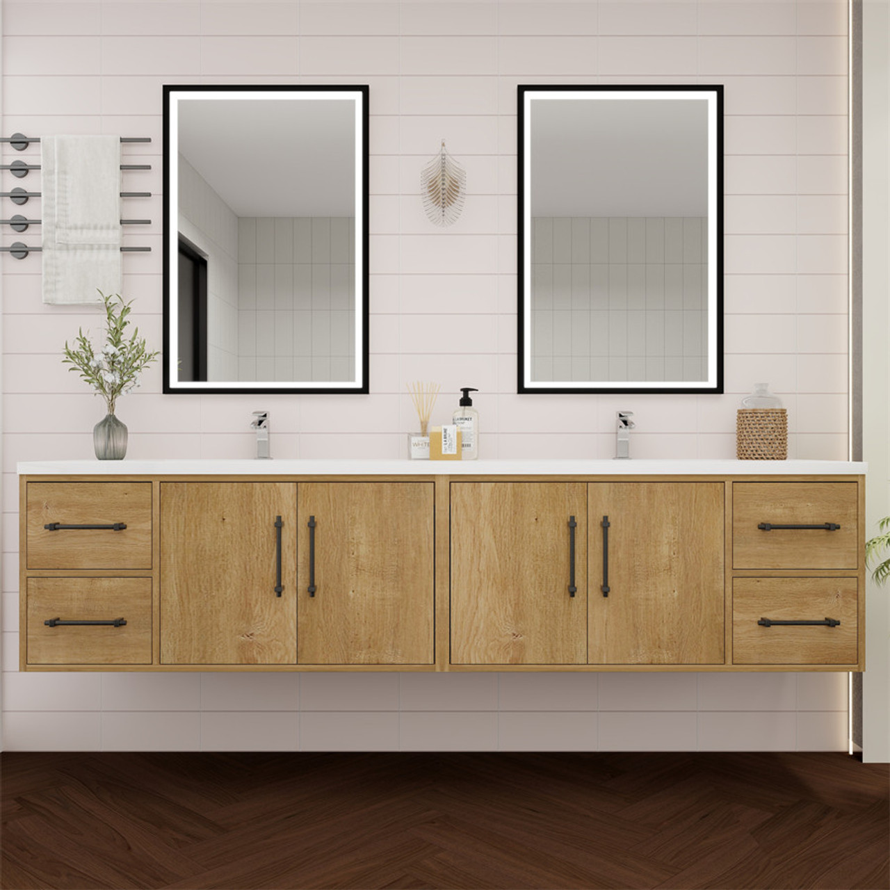 Victoria 84" Floating Solid Wood Double Sink Vanity in Oak | Moreno Bath Solid Wood Double Sink Vanities