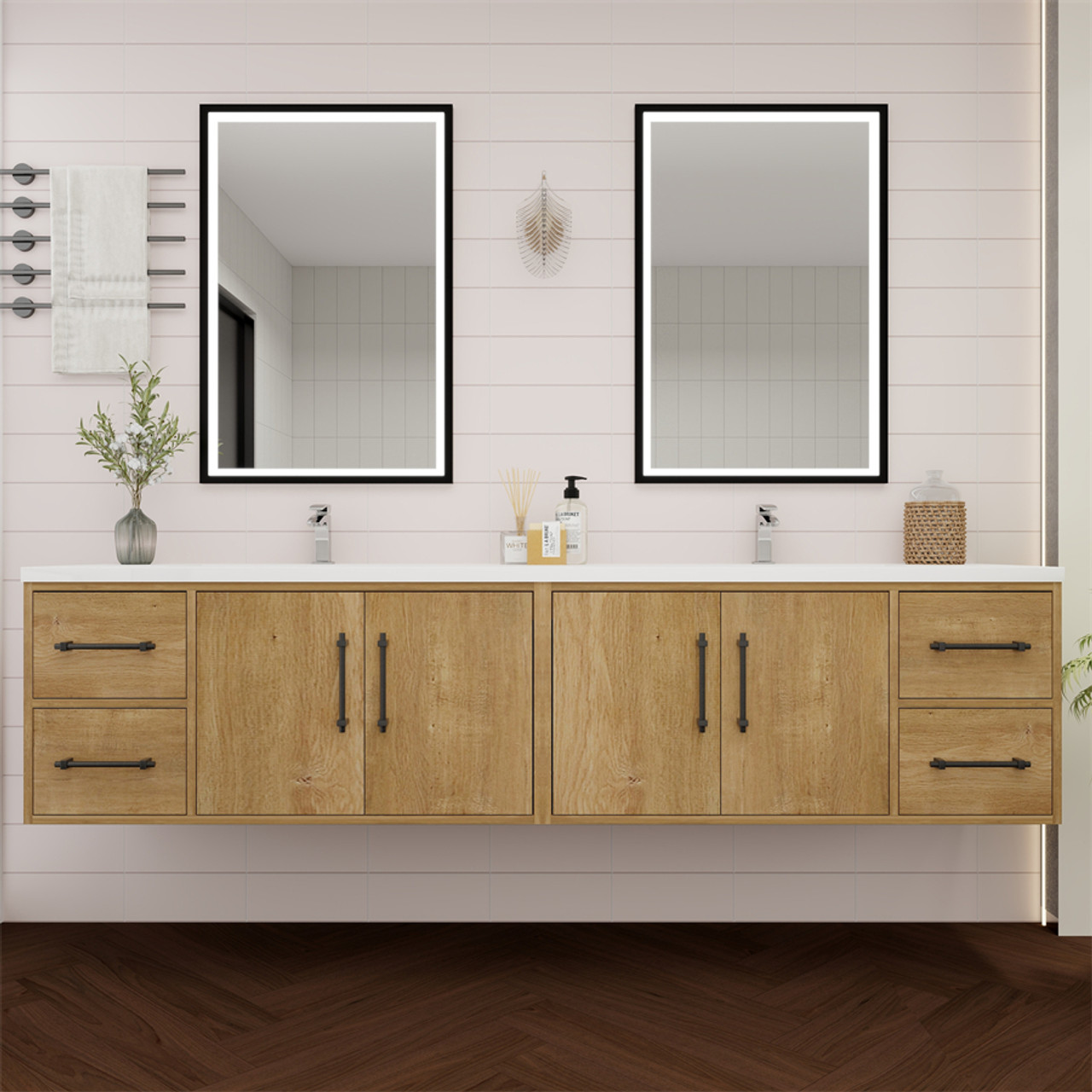 Victoria 84" Floating Solid Wood Vanity in Oak | Moreno Bath Solid Wood Vanities